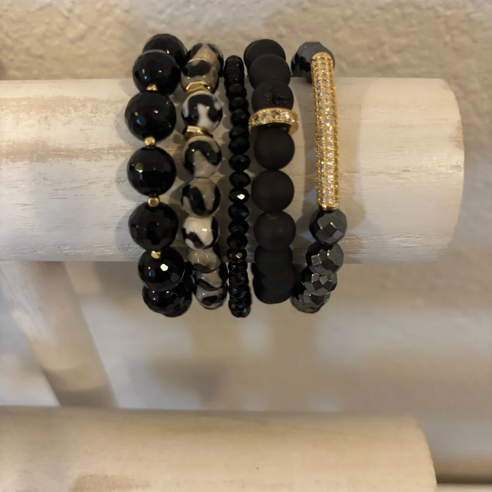 Handmade Black Gemstone Bracelet Stack Set of 5 NWT Onyx Agate
